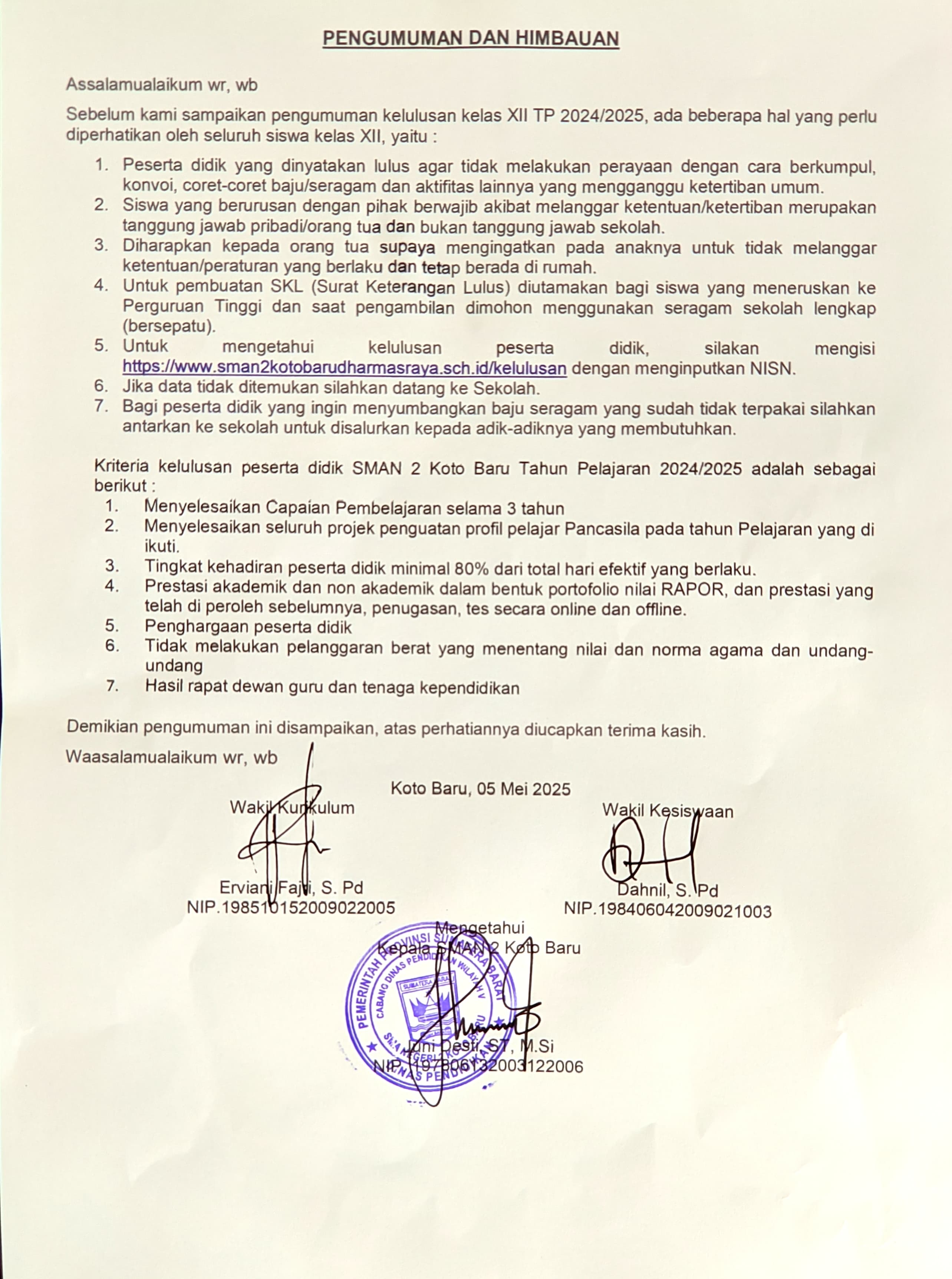 INFORMASI KELULUSAN SMA NEGERI 2 KOTO BARU